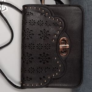 Black Small Crossbody Flower Laser Cut Designed Flap Gold Turn Lock Closure